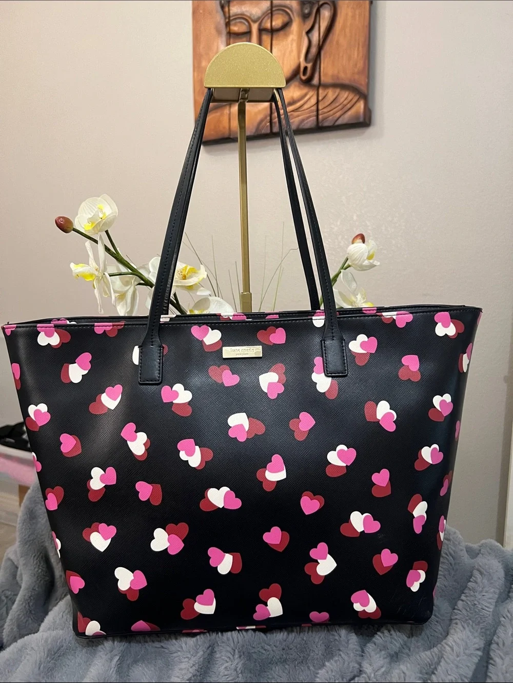 Kate Spade Margareta Black Tote with Pink and White Heart Print EUC retail $359